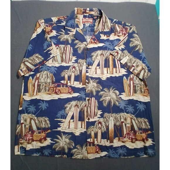 RJC Men 2XL Navy Hawaiian V Neck Button Up Short Sleeve Shirt Surfboard Resort - Picture 1 of 8